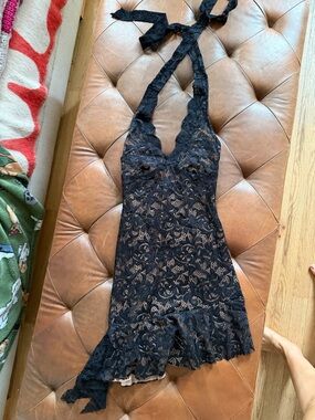 I am Gia Black Lace Halter Mini Dress with Ruffle Hem